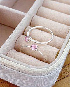 Anel Solitario Zircônia Rosa - Prata 925