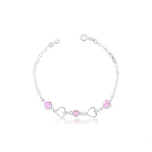 Pulseira Coração Vazado c/ Zircônia Coração Rosa 19cm - Prata 925