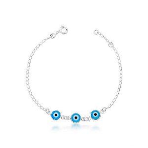Pulseira 3 Olho Grego Azul 19cm - Prata 925