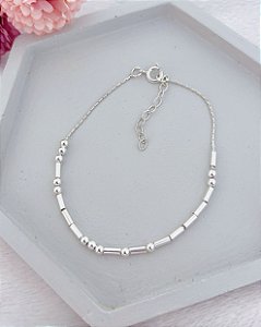 Pulseira Bolinhas e Canutilhos Fio Cardano 18cm + 3cm extensor - Prata 925