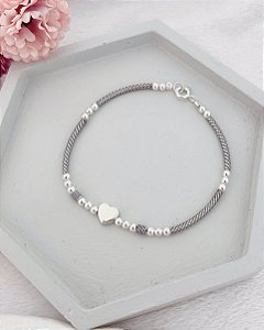 Pulseira Bolinhas e Coração Nylon 18cm - Prata 925