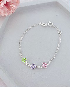 Pulseira Infantil 3 Trevos Coloridos 15cm - Prata 925