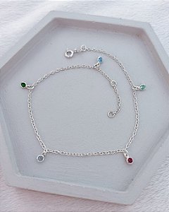 Tornozeleira Elo Português  c/ 5 Zircônias Color 25cm - Prata 925
