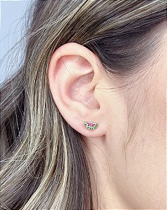 Brinco Infantil Melancia Cravejada 0,8cm - Banho de Ouro 18k