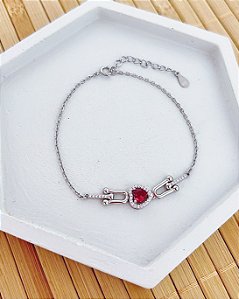 Pulseira Coração Rosa c/ Elo + Cravejado 18cm + 4cm extensor - Prata 925
