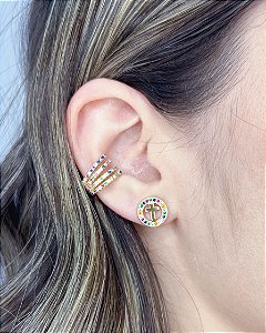 Brinco Circulo Cravejado Colorido c/ Cruz 1cm - Banho de Ouro 18k