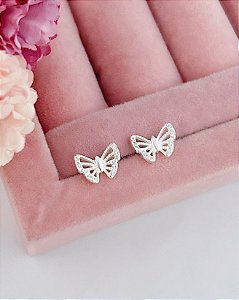 Brinco Borboleta Vazada Cravejada 1cm - Prata 925