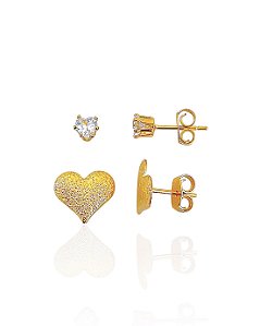 Brinco Duo Ponto de Luz Coração e Coração - Banho de Ouro 18k