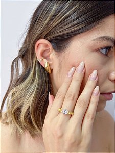 Anel Quadrado Bolinha c/ Zircônia Incolor Regulável - Banho de Ouro 18k