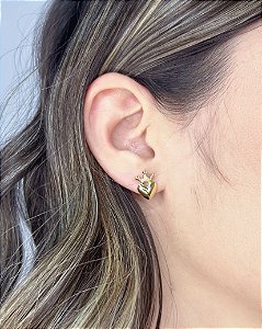 Brinco Coração c/ Coroa 0,9cm - Banho de Ouro 18k