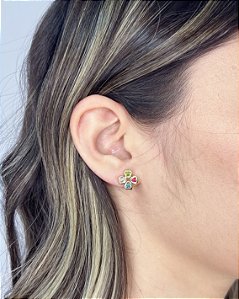 Brinco Trevo Colorido 1,1cm - Banho de Ouro 18k