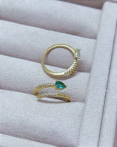 Anel Duas Pontas Cravejadas Azul Regulável - Banho de Ouro 18k