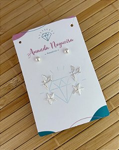 Brinco Trio Bolinha, Fé e Estrela do Mar - Prata 925