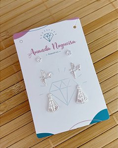 Brinco Trio Ponto de Luz, Fé e Nossa Senhora - Prata 925