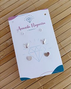 Brinco Trio Ponto de Luz, Borboleta e Coração Fofo - Prata 925