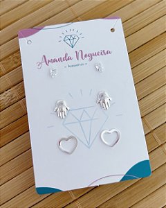 Brinco Trio Ponto de Luz Gota, Mão de Fatima e Coração Vazado - Prata 925