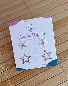 Brinco Duo Estrela do Mar e Estrela Vazada - Prata 925
