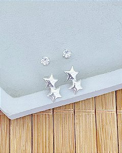 Brinco Duo Ponto de Luz e Estrela Dupla - Prata 925