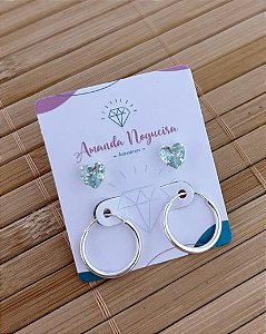 Brinco Duo Coração Zircônia Verde e Argolinha - Prata 925