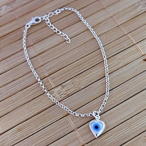 Pulseira Elo Português Olho Grego Coração 22cm - Prata 925