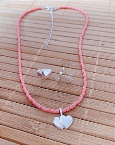 Conjunto Chocker Miçanga + Brinco Coração Duplo - Prata 925
