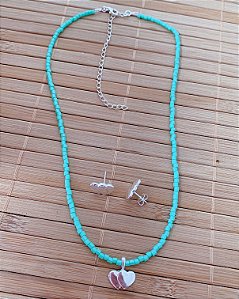 Conjunto Chocker Miçanga + Brinco Coração Duplo - Prata 925