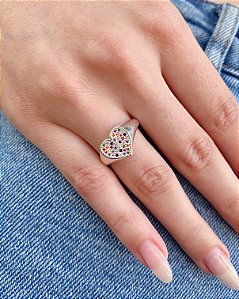 Anel Coração Cravejado Colorido - Prata 925