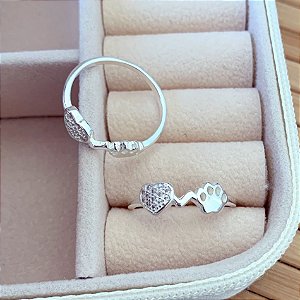 Anel Coração Cravejado + Patinha - Prata 925