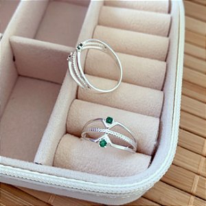 Anel 3 Linhas c/ 2 Zircônias Verde - Prata 925
