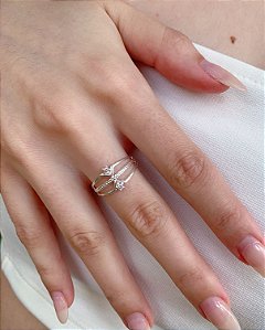 Anel 3 Linhas c/ 2 Zircônias Cristal - Prata 925