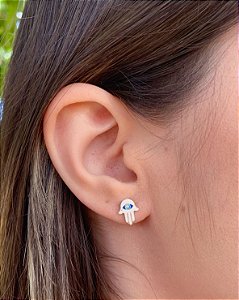 Brinco Mão de Fatima (Hamsa) c/ Olho Grego Resina - Prata 925
