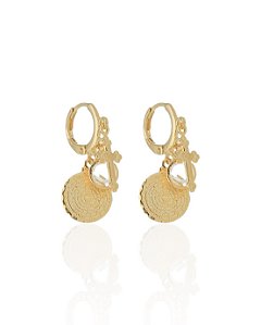 Brinco Argolinha c/ Pingente Triplo (Cruz, Cristal e Pai Nosso) - Banho de Ouro 18k