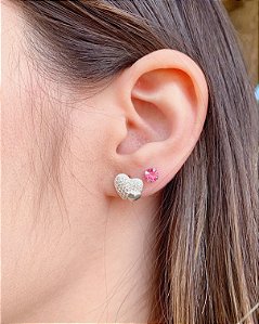 Brinco Coração Cravejado c/ Mini Coração - Prata 925