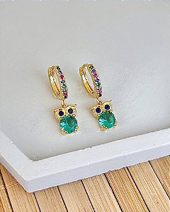 Brinco Argolinha c/ Pingente de Coruja Colorida - Banho de Ouro 18k