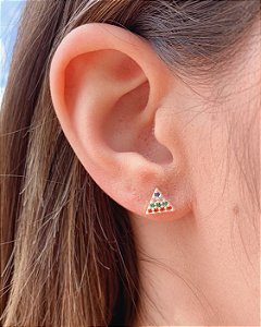 Brinco Triangulo Cravejado Colorido Pequeno - Prata 925