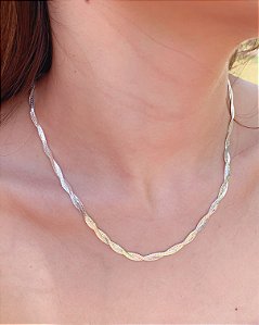 Colar 2 Fios Laminado Trançado 45cm - Prata 925