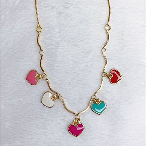 Colar 5 Corações Colors 48cm - Banho de Ouro 18k