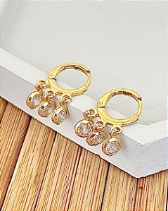 Brinco Argolinha com 3 Pingentes Zirconia Incolor - Banho de Ouro 18k