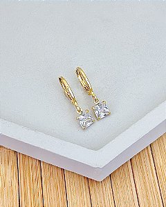 Brinco Argolinha com Pingente Zirconia Quadrada Incolor - Banho de Ouro 18k