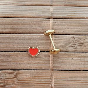 Brinco Infantil Coração Resina Vermelho - Banho de Ouro 18k