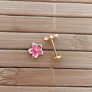 Brinco Infantil Florzinha Resina Rosa - Banho de Ouro 18k