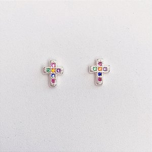 Brinco Mini Cruz c/ Zirconia Colorida 0,7cm - Prata 925