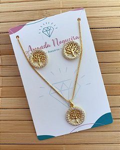 Conjunto Colar + Brinco Arvore da Vida Cravejado 45cm  - Banho de Ouro 18k