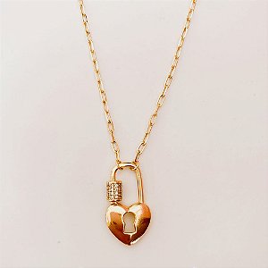 Colar Cadeado Coração c/ Zirconia 50cm - Banho de Ouro 18k