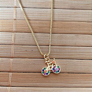 Colar Infantil Bicicleta Cravejada Colorida 35cm - Banho de Ouro 18k