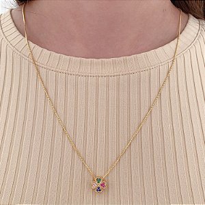 Colar Trevo Cravejado Colorido 70cm - Banho de Ouro 18k
