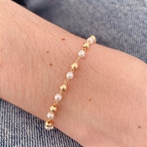 Pulseira Bolinhas e Perolas - Banho de Ouro 18k