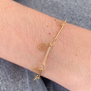 Pulseira Canutilho c/ Pingente de Rosinha Vazada - Banho de Ouro 18k