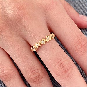 Anel Meia Aliança Coração c/ Zirconia - Banho a Ouro 18k