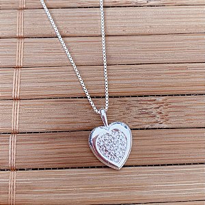 Colar Coração Cravejado c/ Borda - Prata 925
